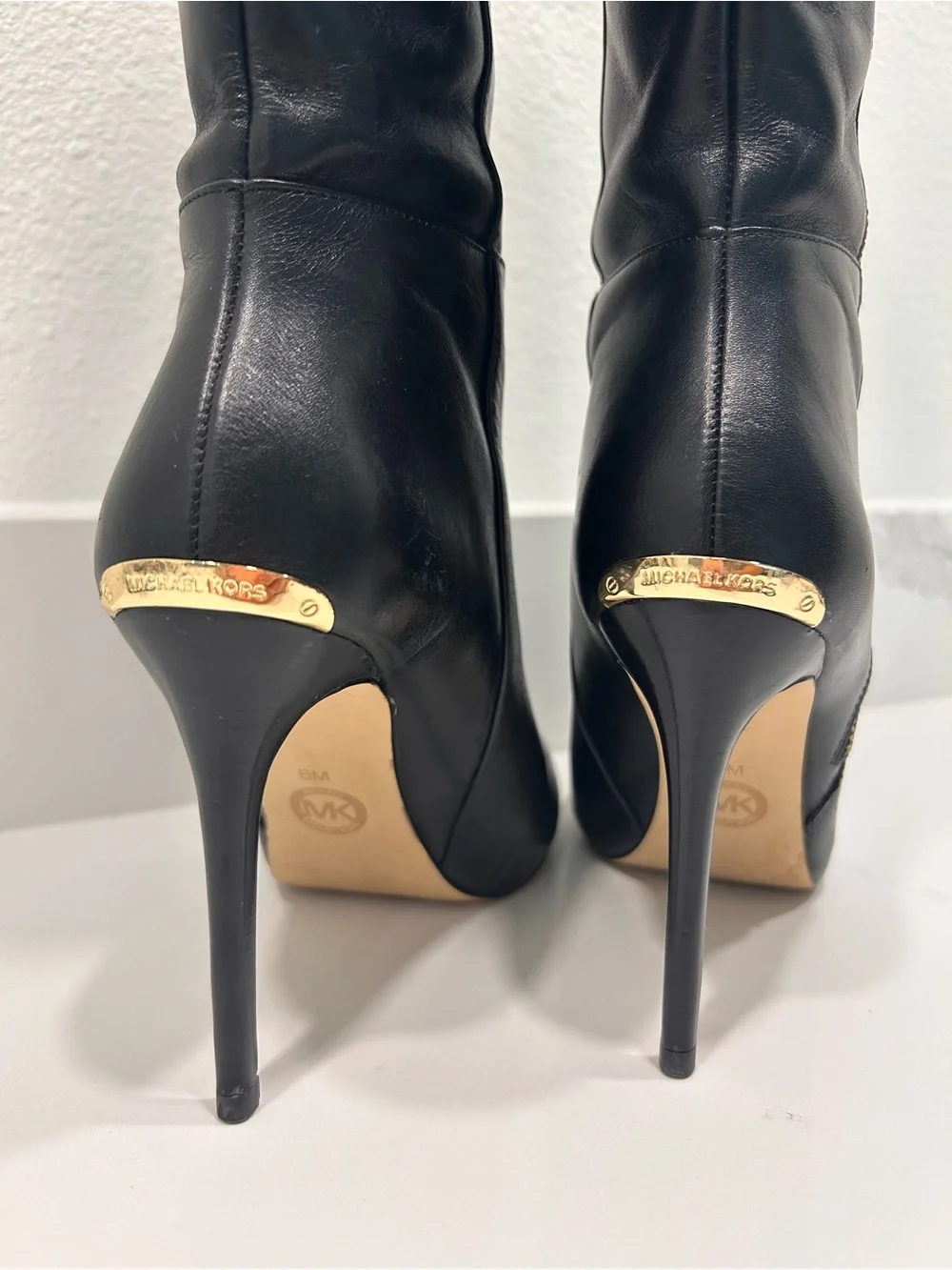 Michael Kors Black Leather Over-the-Knee Stiletto Boots with Gold Zip